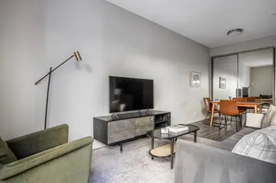 a living room with a couch and a tv at Westwood 1br close to UCLA LAX-1141 in Los Angeles