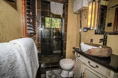 a bathroom with a toilet and a shower and a sink at How Sweet It Is~ Downtown Village Retreat Cabin~ Walk to Marinas and Shopping in Big Bear Lake