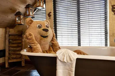 a stuffed teddy bear sitting in a bath tub at How Sweet It Is~ Downtown Village Retreat Cabin~ Walk to Marinas and Shopping in Big Bear Lake