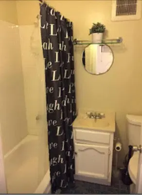 a bathroom with a sink and a shower curtain at Echo Park Studio Oasis with Modern Comforts in Los Angeles