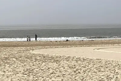 a group of people standing on a beach at House on The Beach in Los Angeles