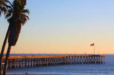 a pier on the beach with a palm tree and the ocean at Quaint Mid-Century Cottage by the Coast in Ventura