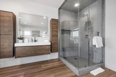 a bathroom with a shower and a sink at Escondido Escape in Malibu