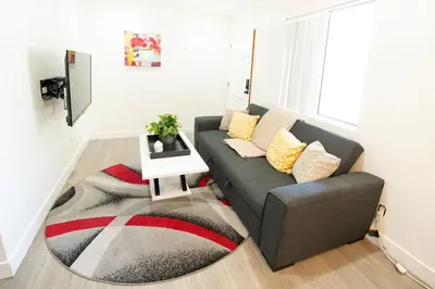 a living room with a couch and a rug at cozy small 2 bedroom in Koreatown/Hollywood in Los Angeles