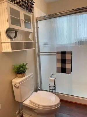 a bathroom with a toilet with a plant on it at Beautiful, family friendly cabin by Lake Gregory. in Crestline
