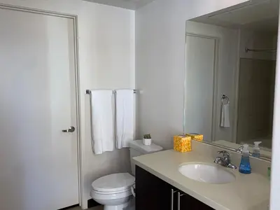 a bathroom with a sink and a toilet and a mirror at Spacious and Stylish unit in Los Angeles