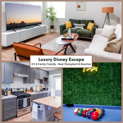 a living room with a couch and a table with balls at Charming Disneyland Retreat - Sleeps up to 12 w Game Room, Pool Table, EV w King Bed in Midway City