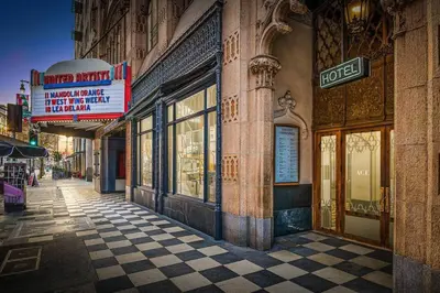 a building with a checkered floor on a city street at Modern Loft in DTLA - Rooftop Pool & Free Parking! in Los Angeles