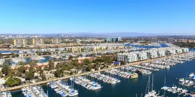 an aerial view of a marina with boats at Harbor Views Retreat By Venice Beach In Marina DR in Los Angeles