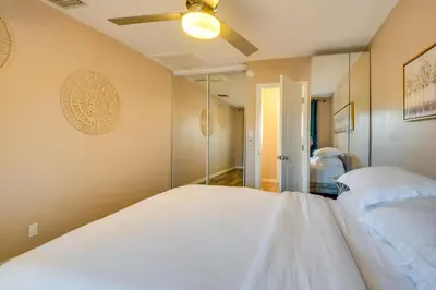 a bedroom with two beds and a ceiling fan at LA Condo about 1 Mi to The Kia Forum and SoFi Stadium in Inglewood