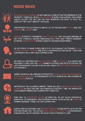a poster of a list of house rules at Trendy 2BR Near Hollywood Hotspots - BR9 in Los Angeles