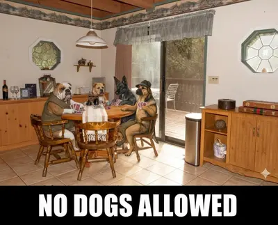 a group of three dogs sitting at a table at A-Frame Cabin in The Sequoias in Wofford Heights