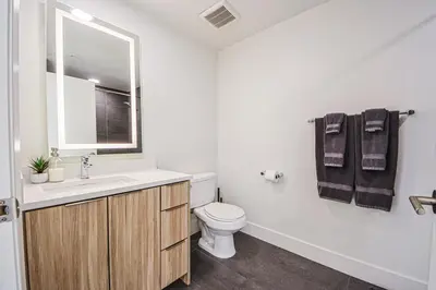 a bathroom with a toilet and a sink and a mirror at Outstanding 2BDR in SM- 5-15 mins to the beach! in Los Angeles