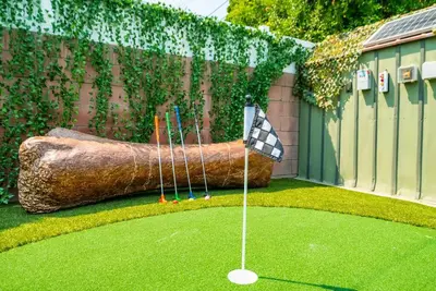 a golf course in a yard with a large log at Dino Disneyland by OC Adventure Homes in Garden Grove