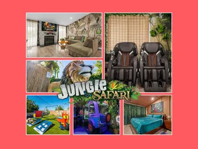 a collage of pictures of a jungle safari sign at Safari Adventure by OC Adventure Homes in Garden Grove