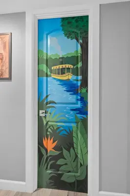 a painting of a boat on a river in the jungle at Safari Adventure by OC Adventure Homes in Garden Grove