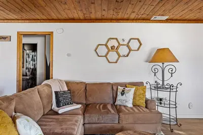 a living room with a brown couch and a lamp at Honeybee by the Bay in Big Bear Lake in Big Bear Lake