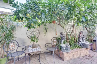 a table and chairs under a citrus tree at Los Angeles Apartment with Patio, 4 Mi to Downtown! in Los Angeles