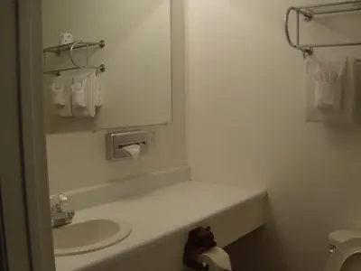 a white bathroom with a sink and a mirror at Corral Creek Lodge in Kernville