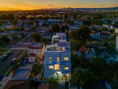 an aerial view of a city at sunset at Brand New Modern 5 Bedroom House Pickfair Village in Los Angeles