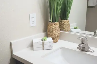 a bathroom counter with a sink and a mirror at Charming & Peaceful l 1 bedroom in Marina Del Rey, CA in Los Angeles