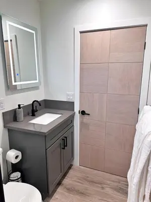 a bathroom with a shower with a sink and a door at New built house in Los Angeles! in Los Angeles