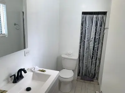 a bathroom with a white toilet and a shower curtain at Snow Bear Lodge in Big Bear Lake