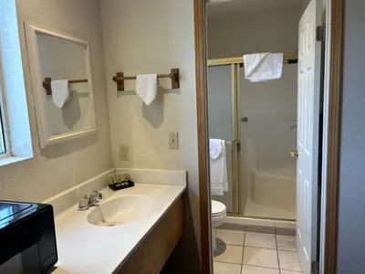 a bathroom with a sink and a toilet and a shower at Snow Bear Lodge in Big Bear Lake