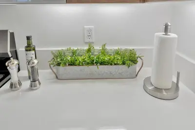 a white counter top with a planter with green plants at 13 Luxury apartment in Los Angeles