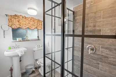 a bathroom with a shower with a toilet and a sink at Warbler's Roost - Perfect vintage cabin in the woods in Big Bear Lake