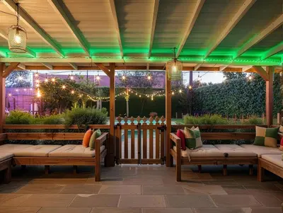 a pergola with benches on a patio at Private Pool Retreat Near Disney Game Room & Firepit in Fullerton