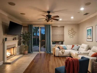 a living room with a couch and a fireplace at Spacious Disney Retreat with Pool Table Fire Pit in Placentia