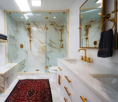 a bathroom with a shower and a toilet and a sink at SeaView, Pool, HotTub, W/D, Bikes, Gated Community in Port Hueneme