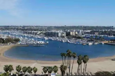 a view of a harbor with palm trees and a beach at Wake Up to Spectacular Marina Views in this 2 Bedroom Condo in Los Angeles