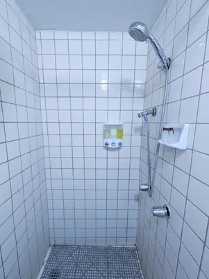 a bathroom with a shower with a tiled wall at Fox n Bear Cottages Big Bear in Big Bear Lake