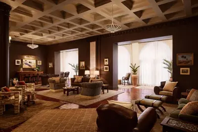 a large living room with couches and chairs at Pasadena Hotel & Pool in Pasadena