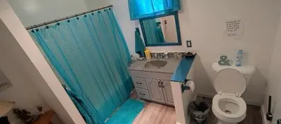 a bathroom with a blue shower curtain and a toilet at Private Guest Cozy Room w/Full Bathroom in Lake Isabella