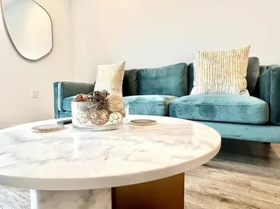 a living room with a coffee table and a couch at NEW One Bedroom Penthouse, Silver Lake + Parking! in Los Angeles