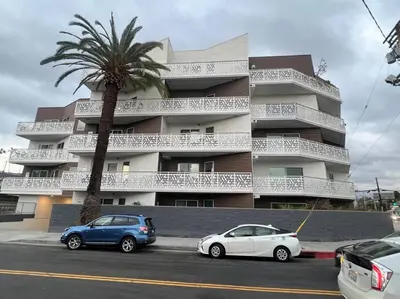 two cars parked in front of a building with a palm tree at NEW One Bedroom Penthouse, Silver Lake + Parking! in Los Angeles