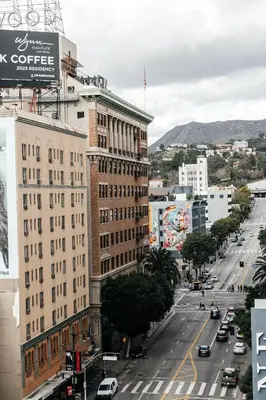 an aerial view of a city street with buildings at Luxurious Hollywood condo in Los Angeles