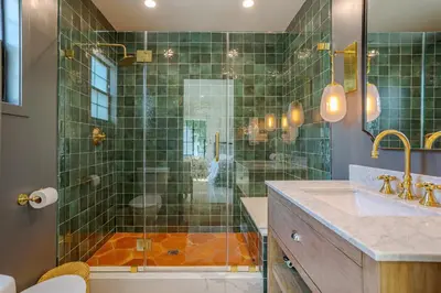 a bathroom with a shower and a sink at New Home Universal sleeps 18 hot tub in Los Angeles