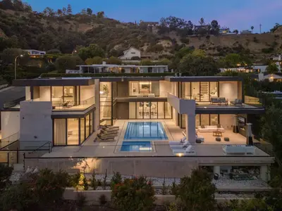 an aerial view of a house with a swimming pool at Swallow Sanctuary in Los Angeles