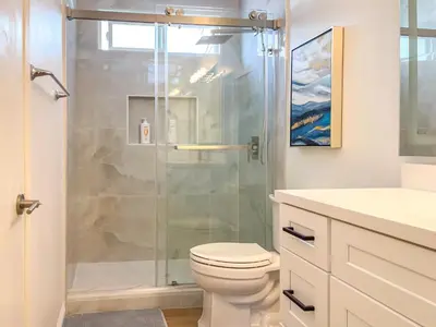 a bathroom with a shower and a toilet at Sweet 2 bd for monthly stay! 20 mi to Disney in Diamond Bar