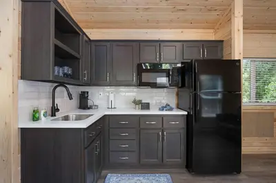 a kitchen with black cabinets and a black refrigerator at Brand new Cabins in Kernville