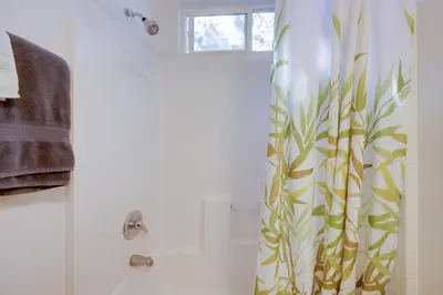 a shower curtain with a plant pattern on it in a bathroom at Charming Oak View Retreat about 5 Mi to Ojai Valley! in Oak View