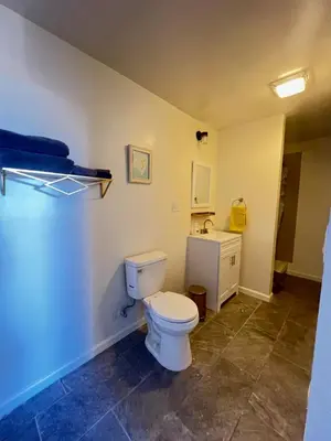 a bathroom with a toilet and a sink at LittleBettysCrashPad in Torrance