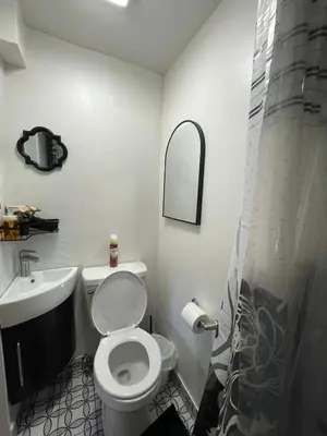 a bathroom with a white toilet and a sink at Petite Guesthouse with Kitchenette and Private Bathroom in Lake Isabella