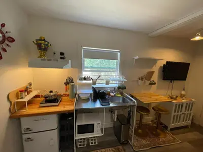 a small kitchen with a counter and a sink at Petite Guesthouse with Kitchenette and Private Bathroom in Lake Isabella