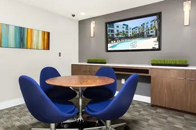 a conference room with a table and blue chairs at Playa Vista 1br w gym pool table nr beach LAX-1123 in Los Angeles