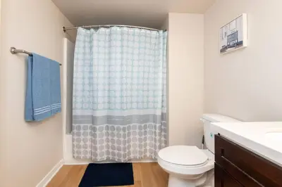 a bathroom with a shower curtain and a toilet at Comfy Cozy Apt with pool & hot tub in downtown LA' in Los Angeles